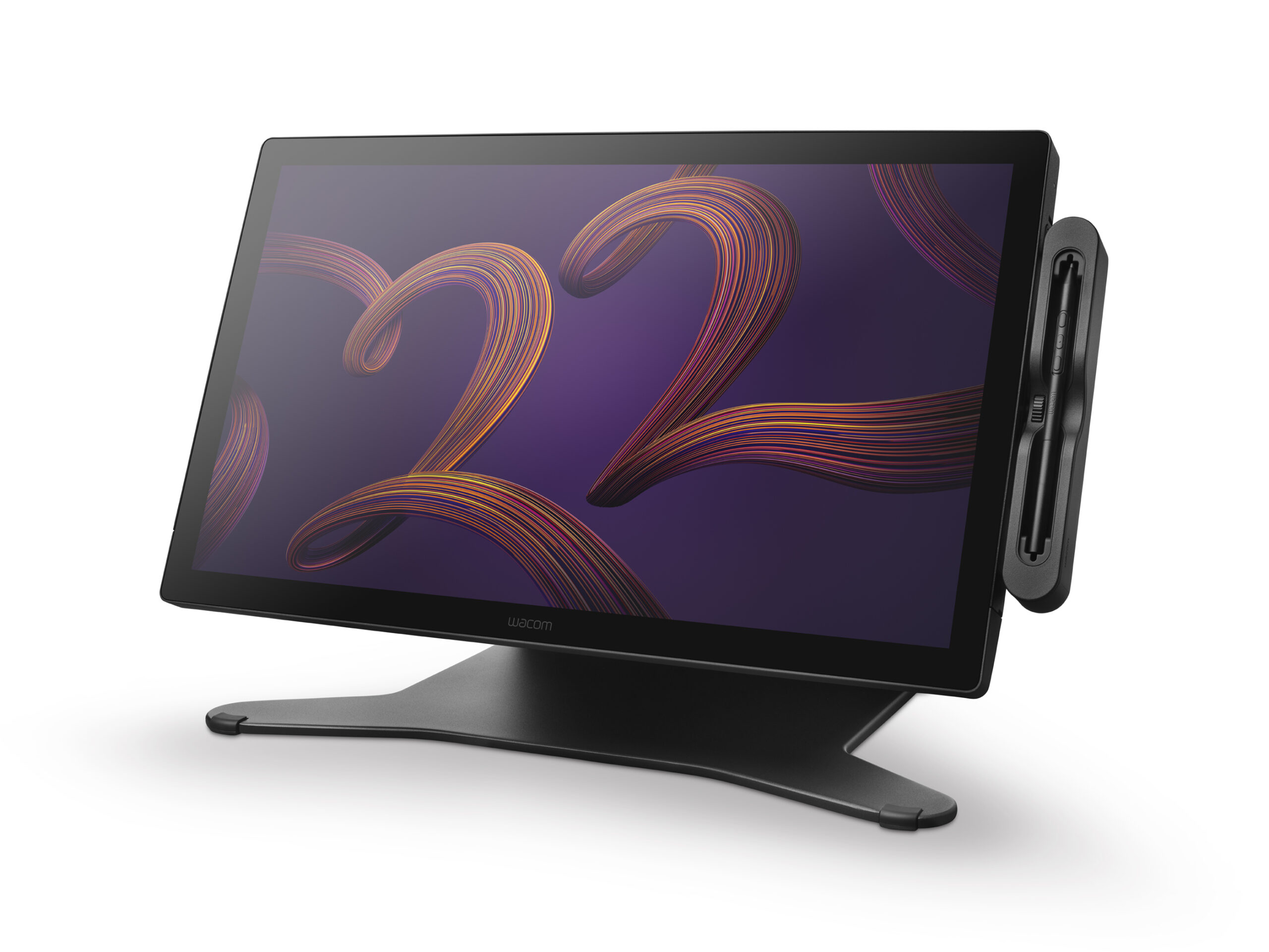 Wacom_Cintiq_Pro_22_right_view_with_stand_display_tilted_at_the_back_arm_45°_pen_tray_with_pen_inside_attached_on_the_right-scaled.